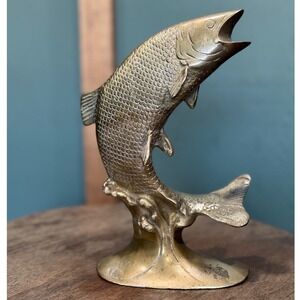 Vintage Heavy Brass Jumping Fish Figurine 9" Statue Decor